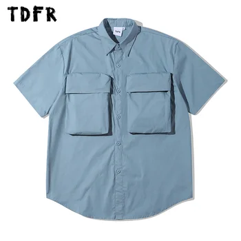 Buzunar Cargo Short Sleeve Shirt Casual Culoare Solidă Stil Safari Rever Jumătate Cu Mâneci Tiv Curbat Singur Pieptul Cămașă Bărbați