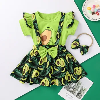 1 2 3 4 5 Ani Copii Tinutele de Vara Copilul Fete pentru Copii Haine 3Pcs Set Tricou Verde +Avocado Fusta Arc +Bentita Haine de Fata