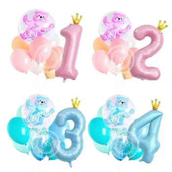 10pcs de 12 țoli Roz Albastru Bule de Urs Balon Set cu Coroana Numărul de Balon Pentru Copii Petrecere de Aniversare Fericită Decoratiuni Consumabile