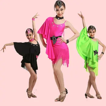 2017 Copii Fete Maneci Liliac Dans Latino Rochii Cu Franjuri, Fuste Latină Concurs De Costume Pentru Copii Sala De Dans Stadiu De Uzura
