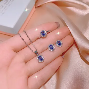 2021 noi de vânzare fierbinte încrustat sapphire set pandantiv cercei inel din trei piese Zircon bijuterii en-gros