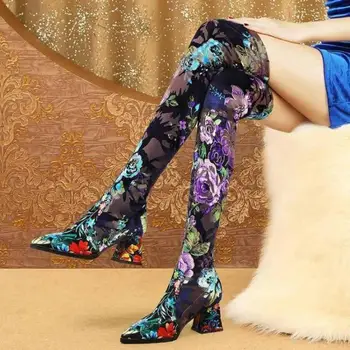 2021 Noi Doamnelor Cizme Genunchi Ridicat Pătrat Toc Înalt Pantofi pentru Femei de Iarnă, Toate se Potrivesc Sexy Cheongsam Albastru Vrăjitoare Cizme pentru Femei