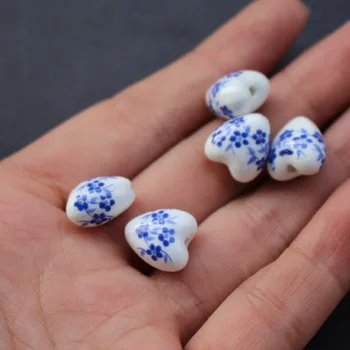 20Pieces 11.6 mm*12mm*8.6 mm in Forma de Inima Ceramică Margele margele Floare Albastră, Floare-O pentru a face bijuterii 3704