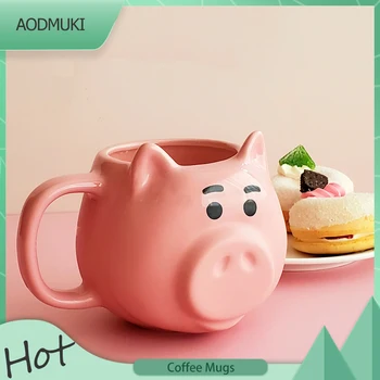 550Ml Capacitate Mare de Desene animate Drăguț Roz de Porc Formă micul Dejun Lapte Cani de Cafea cuptor cu Microunde Disponibile Apă Ceașcă de Ceai cu Mâner Lingura