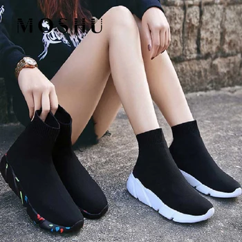 Adidași de moda pentru Femei Șosete Pantofi Tricot Vulcanizat Pantofi de sex Feminin Formatori Femei Slip-on a Întinde Pantofi Platforma Pantof Negru