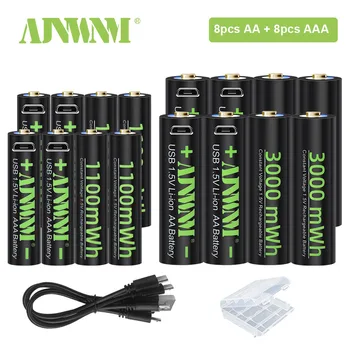 AJNWNM 1.5 V USB Li-ion Baterii Reîncărcabile AAA 1100mWh + USB 1.5 V AA Baterie Reîncărcabilă 3000mWh cu Cablu USB