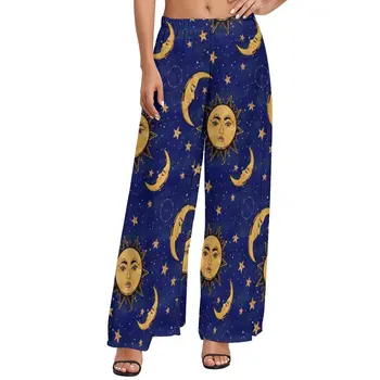 Amuzant Luna Pantaloni De Vară De Talie Mare Epocă Soare Stelele Cerești Clasic Pantaloni Largi Femei Supradimensionat Streetwear Pantaloni Drepte