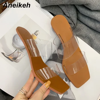 Aneikeh Nou PVC Transparent Papuci de Deget de la picior Deschis Plexiglas Toc Toc Femei de Cristal Femei Pantofi Transparente Papuci de casă Dimensiune 35-42