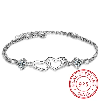 Argint 925 Dublu de Dragoste Inima Pereche Cristal Bratari & Brățări Pentru Femei de Ziua Îndrăgostiților prezent S-B11