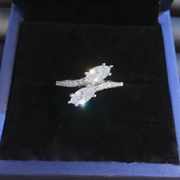 Argint Culoare Cristal De Lux Zircon Dulce Chic Două Frunze Deschide Inele Reglabile Pentru Femei Aniversare De Nunta Bijuterii