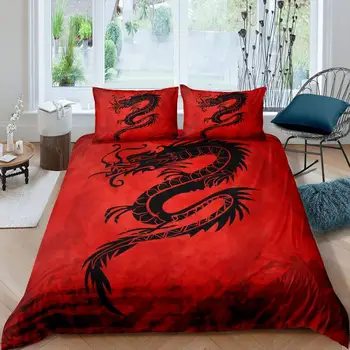 Baza Red Dragon Negru Imprimare Carpetă Acopere Stabilit Chineză Dragon Model Seturi De Lenjerie De Pat Full Size Microfibra 2/3 Piese Mângâietor Seturi