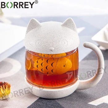 BORREY Desene animate Sticlă Pisica Cana pe Birou Ceașca de ceai Cu Infuzor Separate Ceai Cana de Sticlă Creative Drăguț Cana de 250 ml Ceai Negru Ceai Verde Cupa