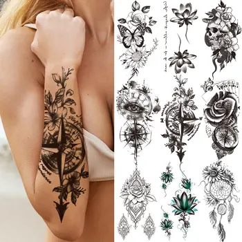 Busola De Flori Tatuaje Temporare Pentru Femei Fete Lotus Negru Săgeată Brațul Autocolant Tatuaj Fals Drearm Prinzator De Fluturi Tatuaje Inserați Codul