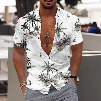 Bărbați Cămăși Hawaiiene Copac de nucă de Cocos de Imprimare Nou Camasi pentru Barbati Rever Singur Pieptul Maneca Scurta Beach Tendință de Moda pentru Bărbați Îmbrăcăminte