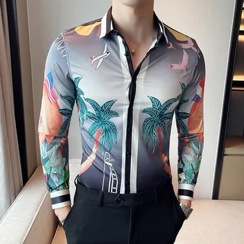 Bărbați Mânecă Lungă Cămașă Rochie Casual De Nasturi Slim Fit De Sex Masculin Hawaiian Tricouri Imprimate Bluza De Club Bal Mens Coreean Sociale Tricou