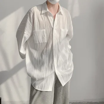Bărbați Îmbrăcăminte 2022 Primăvară Alb/Negru Plisată Camasa Barbati Moda Supradimensionat Tricou Casual Barbati Coreean Vrac Buzunar Camasi Cu Maneca Lunga