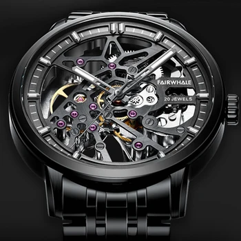 Ceas Skeleton Barbati De Lux Automat Mechanical Ceas De Mână De Moda Din Oțel Inoxidabil Negru Luminos Ceasuri Relojes Hombre Para 2021