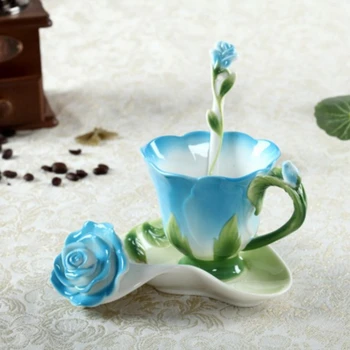 Ceasca si Farfurie Set Ceramica Cana de Cafea Creative 3D Rose Floare Forma Cești de ceai Pastorală 4 Culori micul Dejun Lapte Cupe cu Lingura, Cana