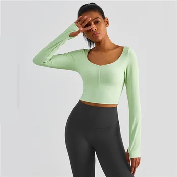 Culoare solidă de Formare Cuprinzător Gât Rotund Fitness Femei cu Maneci Lungi Yoga Tricou Top Antrenament Jogging T-shirt Fix Pad Piept