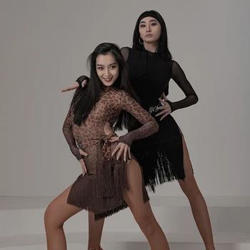 Dans latino Haine Pentru Femei Adulte Sexy Leopard/Black Fringe Dress Profesionale latină Concurs de Costume de Samba Tinutele DWY7069