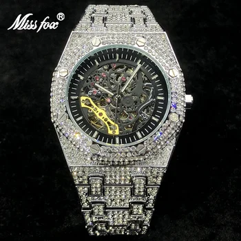 De Lux Automatic Ceas Pentru Barbati Brand De Top Diamant Full Skeleton Ceasuri Mecanice De Moda Hip Hop Gheață Impermeabil Ceas Masculin