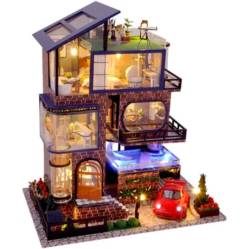 DIY din Lemn, Păpuși din Manhattan Villa Kit de Asamblat masini in Miniatura Piscină Casă de Păpuși de Jucărie pentru Copii Cadouri de Crăciun pentru Adulți