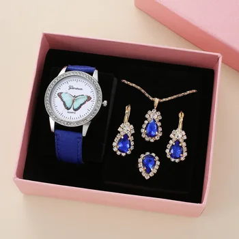 Doamnelor Ceas Diamant Fluture Albastru Dial Cuarț + Sapphire Colier + Inel + Cercei Ceasuri Femei Relojes Para Mujer