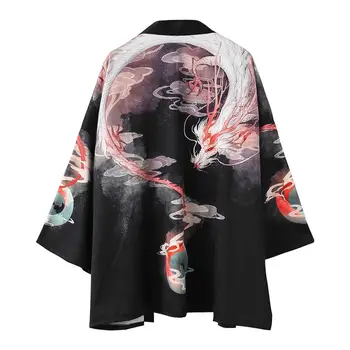 Dragon Imprimat Negru Kimono Japonez Vara Cardigan Haori Yukata Samurai Îmbrăcăminte Costum Sacou Mens Tricou