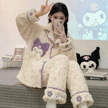 Drăguț Kuromi Fata de Toamna si de Iarna Nou Stil Taie Îngroșat Cardigan Guler Drăguț Desene animate Flanel Cald Iarna Acasa Pijamale
