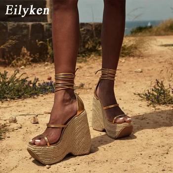 Eilyken 2023 Nouă Platformă De Aur Pană Sandels Pentru Femei Manual De Paie Coarda Țese Fund Gros Tocuri Inalte Open Toe Dantela-Up Pantofi