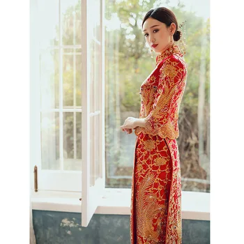 Elegant Stil Chinezesc Qipao Mireasa Rafinat Dragon Phoenix Broderie Partid Rochie de Mireasa Hanfu Haine Marimea S-2XL