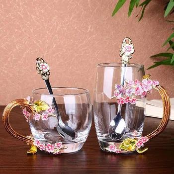 Email Floare de Cafea Ceasca de Ceai Cana 3D Rose Butterfly Cupe de Sticlă Aduce Set de Lingura de Băuturi Calde și Reci Ceașcă de Ceai Cadou de Nunta