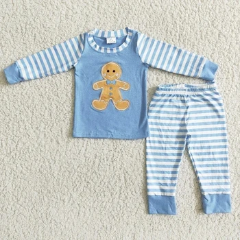 En-Gros Todder Pijamale Copii De Iarna Baietel Haine Pijamale Seturi De Copii De Turtă Dulce Broderie Albastru Cu Dungi Pantaloni De Costum