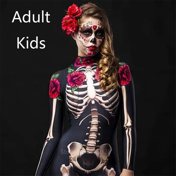 Familia Costume pentru Adulti, Copii Costum Halloween Diavol Femei Schelet a Crescut cu Fantome de Groaza Salopeta de Performanță Înfricoșător Ziua Morților