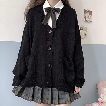 Femei Cardigan Stil Japonez Pulover Toamna-Iarna V-gât Topuri Tricotate Uniformă Leneș Cardigane Femei Purta Pulover Negru