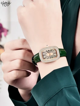 Femei Ceas Cu Diamante, Cadran Oval Iced Out Bezel Femeie Ceas De Mână Stras Încrustații Doamnelor Elegante, Verde, Violet Din Piele Ceas Reloj