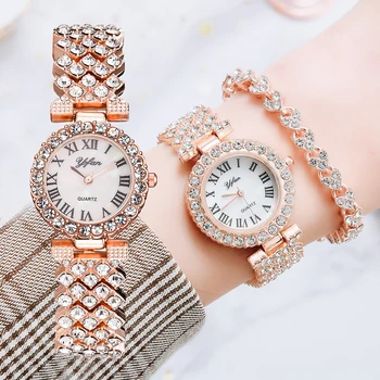 Femei de lux a Crescut de Ceas de Aur de Moda Doamnelor Cuarț Diamant Ceas de mână Elegant Feminin Ceasuri Brățară 2 buc Set Reloj Mujer