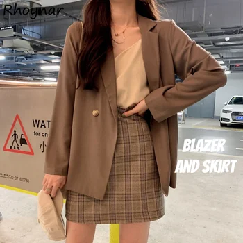 Femei Seturi Solid Blazer Elegant Mini-Fusta a-line se Potrivesc de Moda Toamna Uza 2 Buc Casual Stil coreean Licitație de sex Feminin Ins