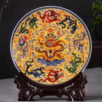 Fengshui Arta Ceramicii Ornamentale Placă China Antică Nouă Dragoni Decor De Bază De Lemn De Porțelan Tradițională Chineză Set De Plăci De
