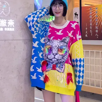 Festiv Coreeană De Moda Pulover Colorat Femei De Iarna Cu Maneci Lungi Vrac Paiete Ciucure Cat De Desene Animate De Tricotat Femei Haina Cu Glugă