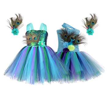 Fete Păun Rochii Tutu pentru Copii Fete Tul Printesa Pene Costum pentru Serbarea de Halloween Petrecere de Ziua Rochie