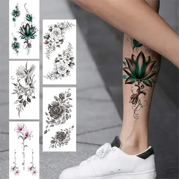 Floare De Lotus Tatuaj Temporar Pentru Femei, Fete Sexy, Lily Rose Bujor Tatuaje Autocolant Fals Negru Transfer De Apă Picior Tatuaje Consumabile