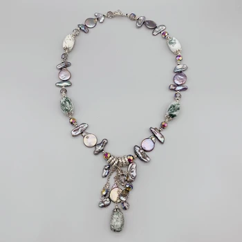 FoLisaUnique De Apă Dulce Negru Stick Dinte Perle Monedă Colier De Perle Pentru Femei Cristale Irizate Indian Copac, Agat Pandantiv