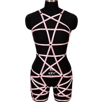 Goth Haine Roz Pentagrama Holografic Moda Sexy Ham Complet Robie Lenjerie Femei Punk Cablajului Sutien Bretele Piept