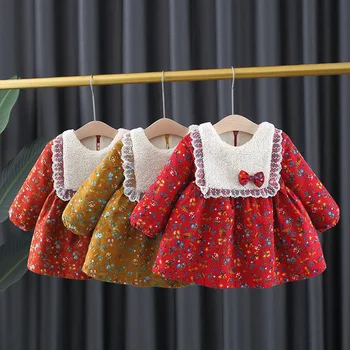 Iarna nou-nascut fetita haine florale cu mâneci lungi de catifea caldă rochie pentru fete de pânză copii de 1 an, de ziua arc rochii rochie