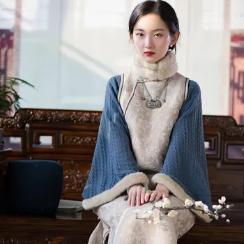Iarna Qipao Fals Două Eleganti Cald Chineză Rochie Femei Hanfu Tradiționale Halat Orientale Vestido Chino Mujer De Epocă Cheongsams