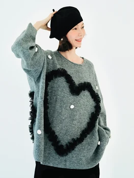 Imakokoni Design Original cu Maneci Lungi Rotund Gat pulover Pulover Cald în Toamna și Iarna Model de Dragoste Dantelă de Top Tricou Tricot