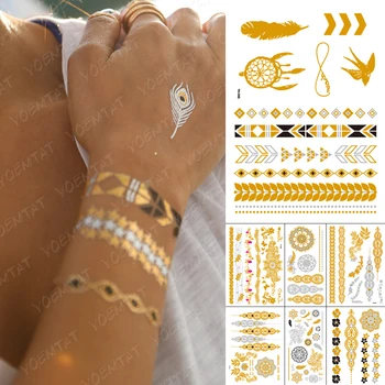 Impermeabil Tatuaj Temporar Autocolant Egipt Simbolul Infinitului Aur, Argint Metalic Flash Tatuaj Boho Pene De Bijuterii, Body Art, Sclipici