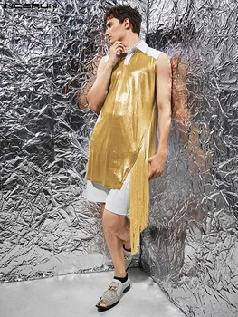 INCERUN Barbati Tricou Ciucure Mozaic Rever Lucios fără Mâneci Pierde Mult Stil Tricouri Streetwear 2022 Moda Casual Camisas S-5XL
