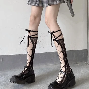 Japoneze Lolita Femei Fishnet Vițel Șosete Harajuku Gotic Dulce Gol Afară Crisscross Dantela-Up Bowknot Solid Kawaii Mijlocul Tubului Stoc